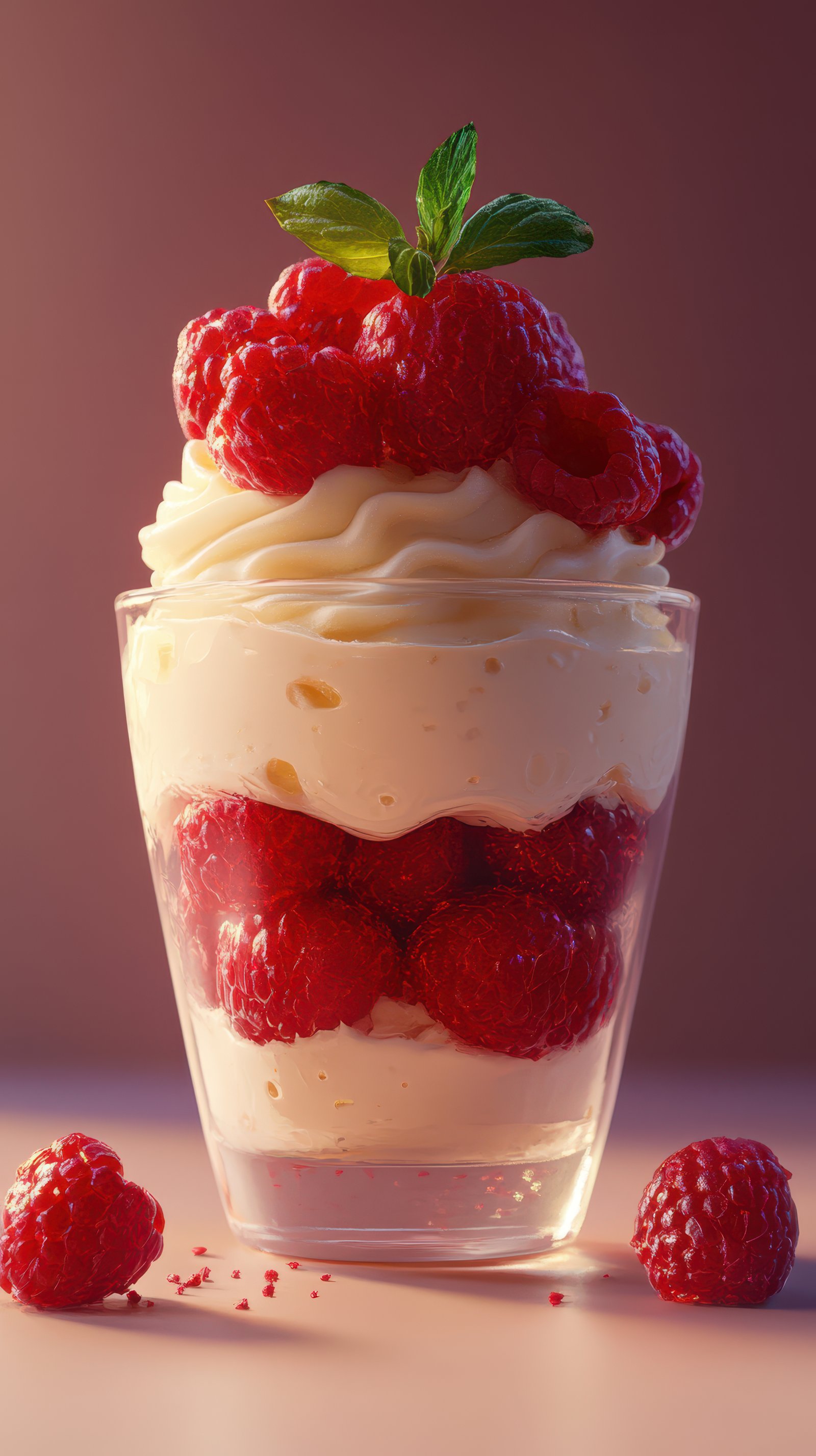 A glass of whipped cream and raspberries sits on a pink surface, with a few raspberries scattered nearby